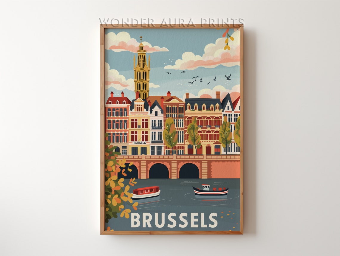 Brussels Canal Boats Grand Tower Summer Cityscape Travel Poster