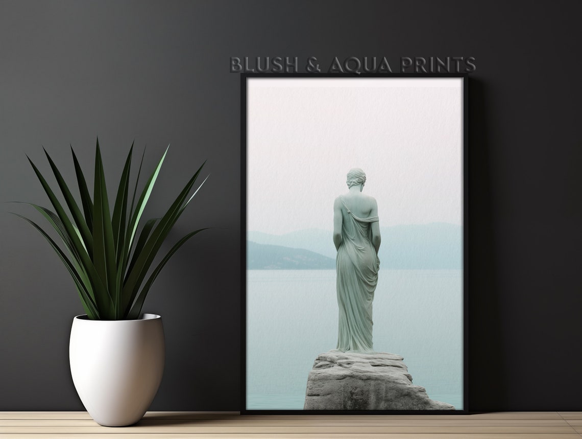 Venus Goddess Statue Overlooking Calm Sea Minimalist Aqua Print