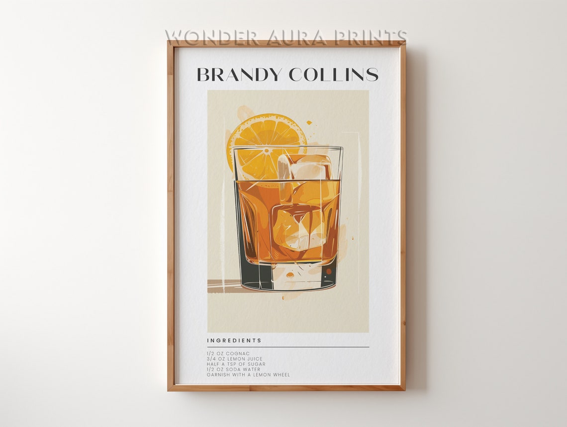 Brandy Collins Cocktail Recipe Classic Highball Bar Cart Poster