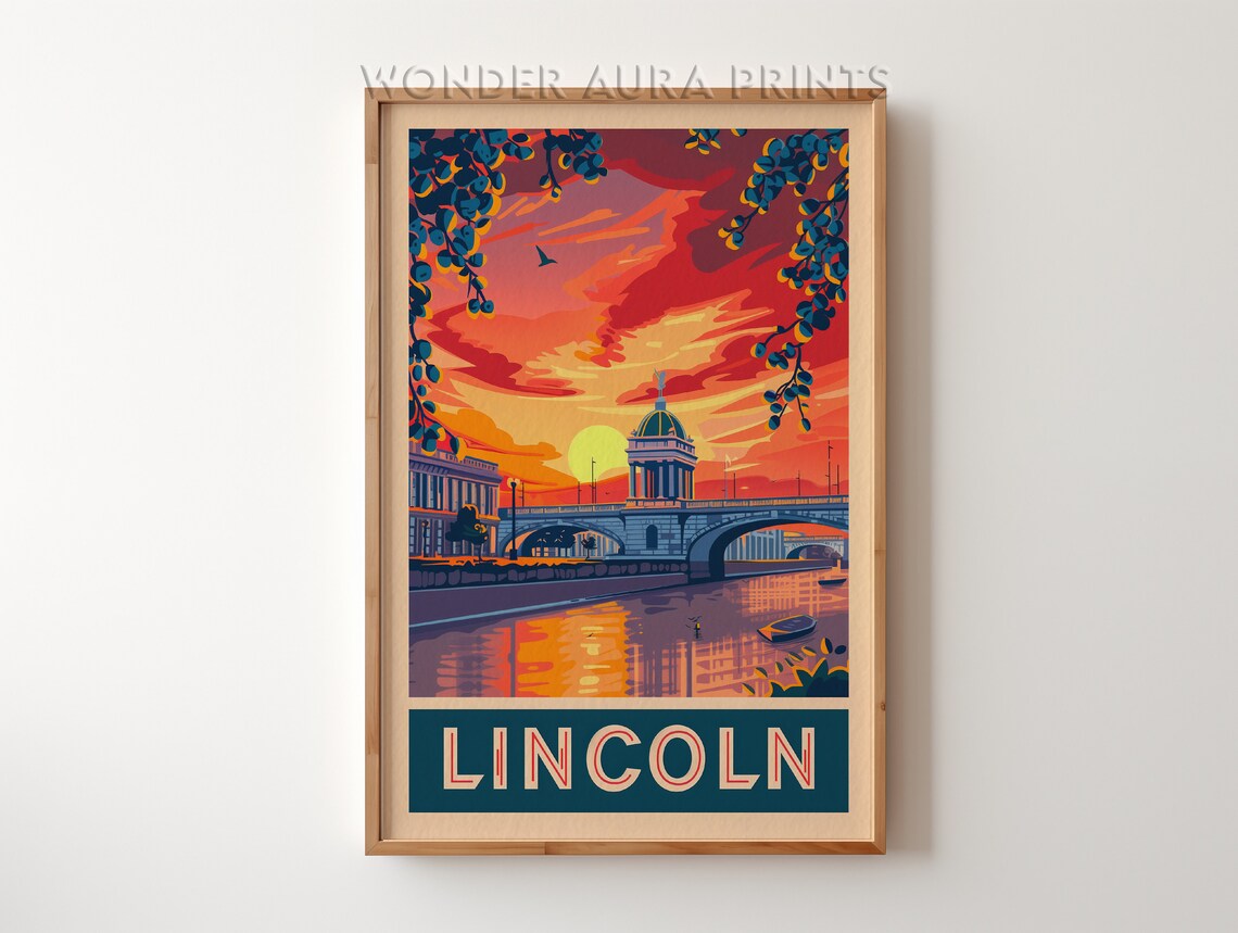 Lincoln England Sunset River Bridge Vintage Cityscape Poster