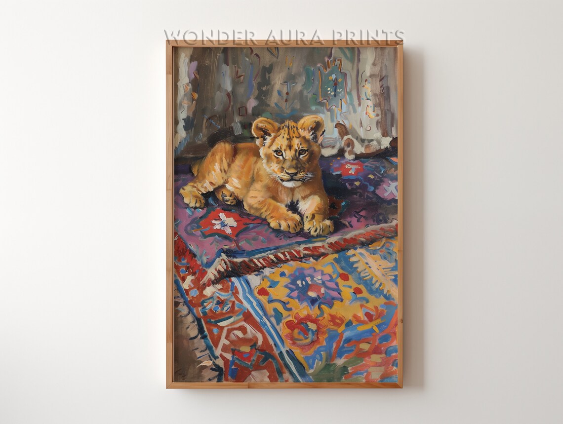 Lion Cub Laying On Carpet Art Print Maximalist Wall Decor Dopamine Jungle Wonder Aura Prints