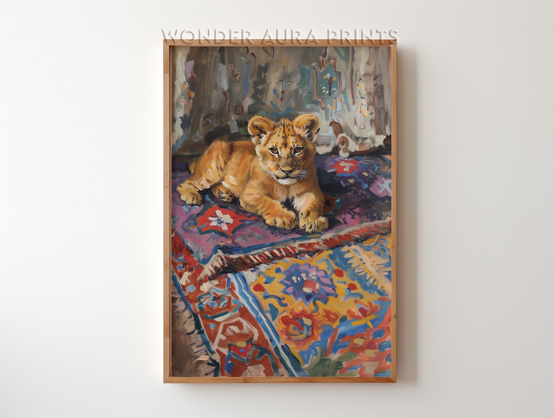 Lion Cub Lying on Ornate Persian Rugs Maximalist Animal Poster
