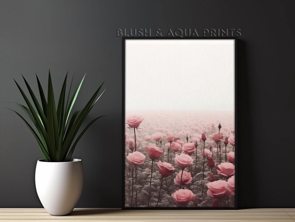 Pink Rose Garden Field Minimalist Floral Photography Decor Poster