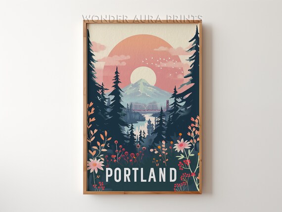 Portland Boho Sunset Mountain Pines Wildflowers Travel Poster