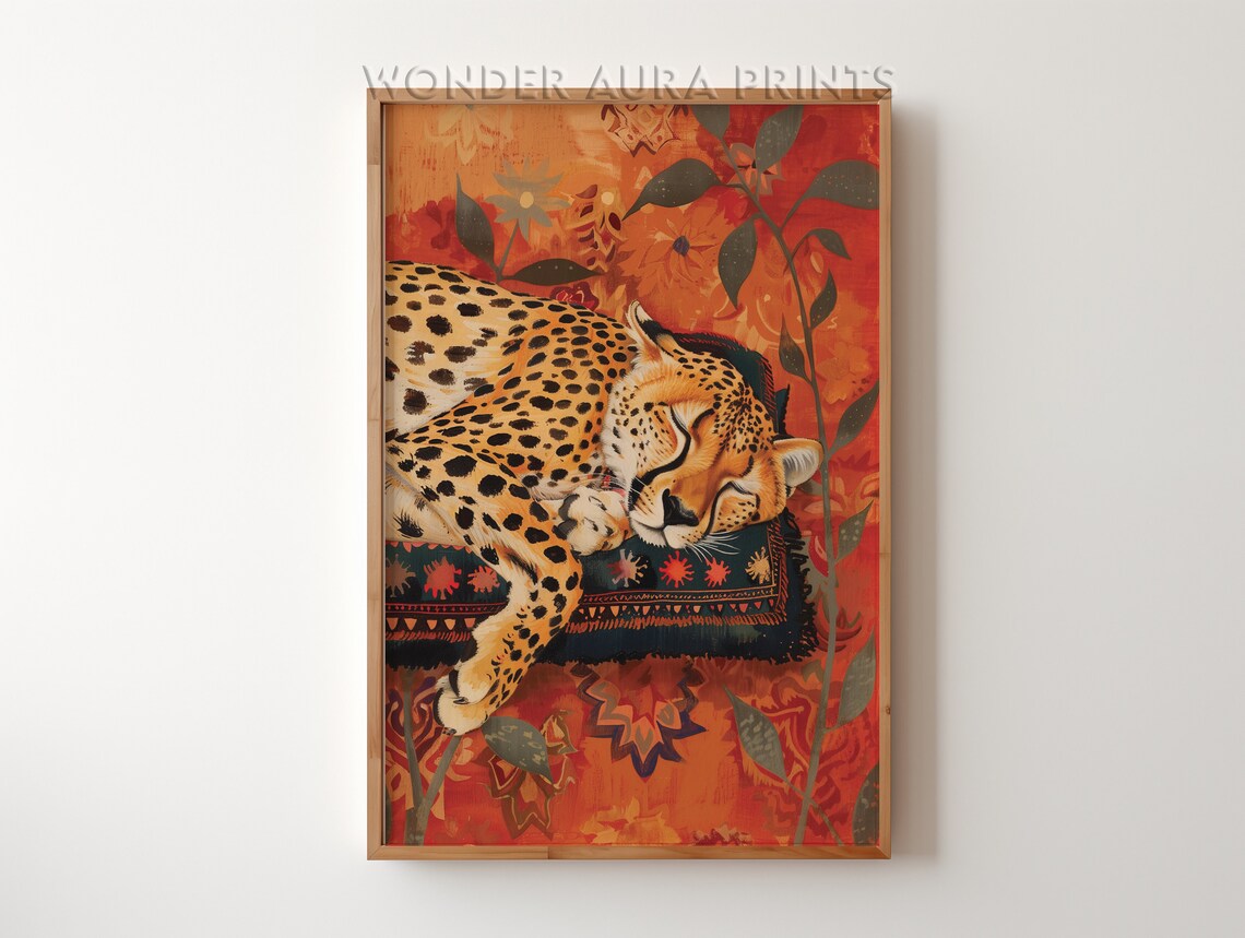 Sleeping Leopard Maximalist Wall Decor Dopamine Art Jungle Wonder Aura Prints