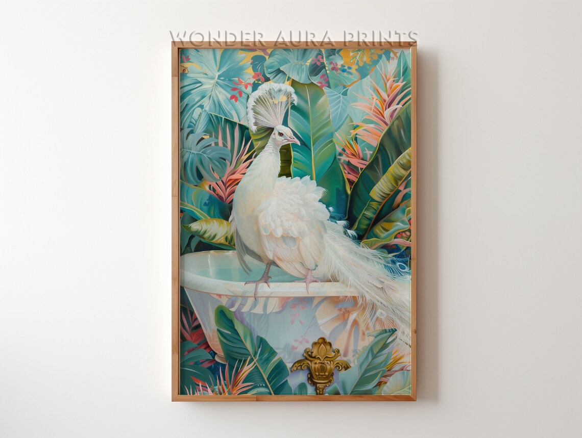 White Peacock in a Bathtub Maximalist Tropical Bathroom Art Poster