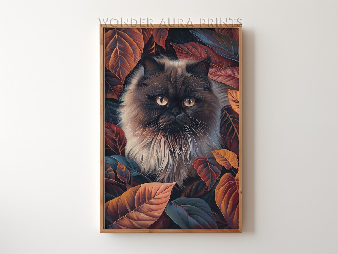 Fluffy Colorpoint Cat among Glowing Autumn Leaves Maximalist Poster