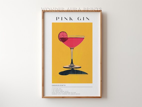Pink Gin Cocktail Recipe Retro Mustard Yellow Bar Scene Wall Art