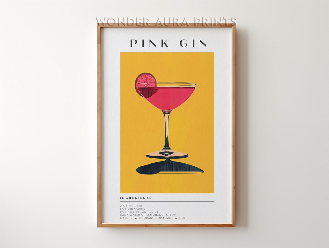 Pink Gin Cocktail Recipe Retro Mustard Yellow Bar Scene Wall Art