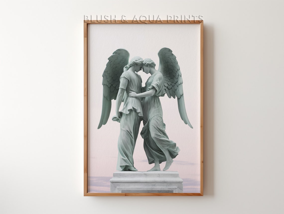 Embracing Marble Angel Statues Romantic Classical Sculpture Art Print