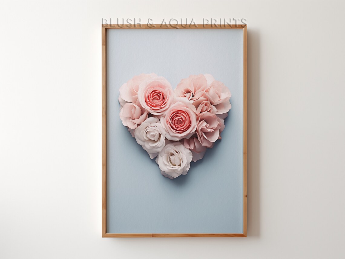 Blush Pink Roses Heart on Pale Blue Romantic Floral Wall Poster