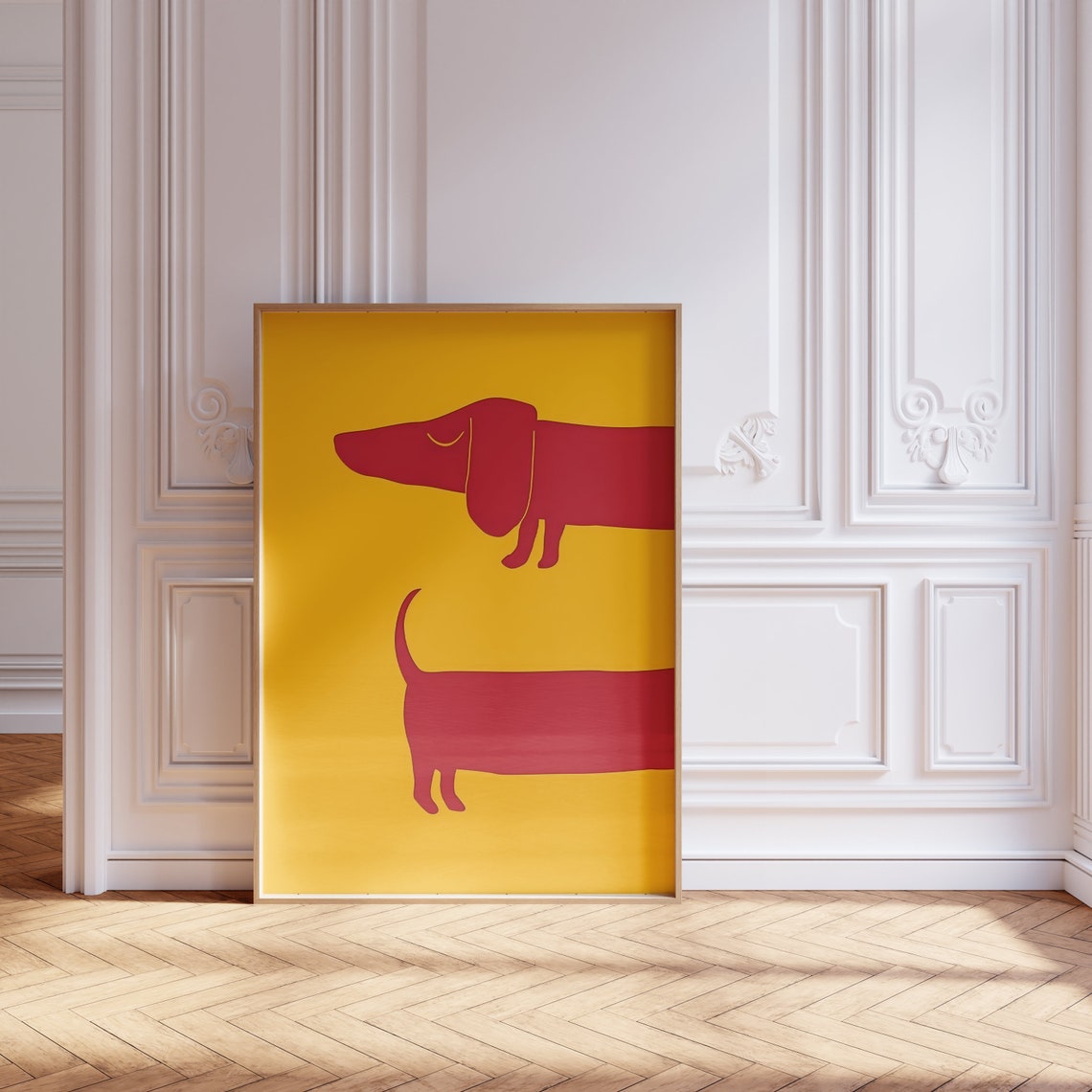 Red Dachshund Dogs Silhouette Yellow Modern Minimalist Art Poster