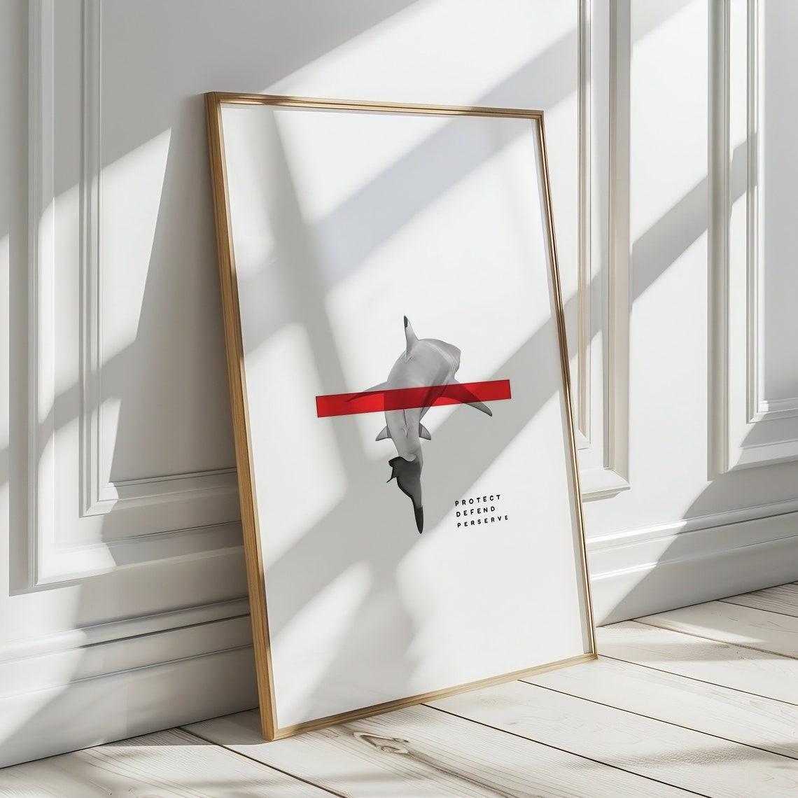 Shark Conservation Protect Defend Minimalist Red Stripe Poster Art - Image 4