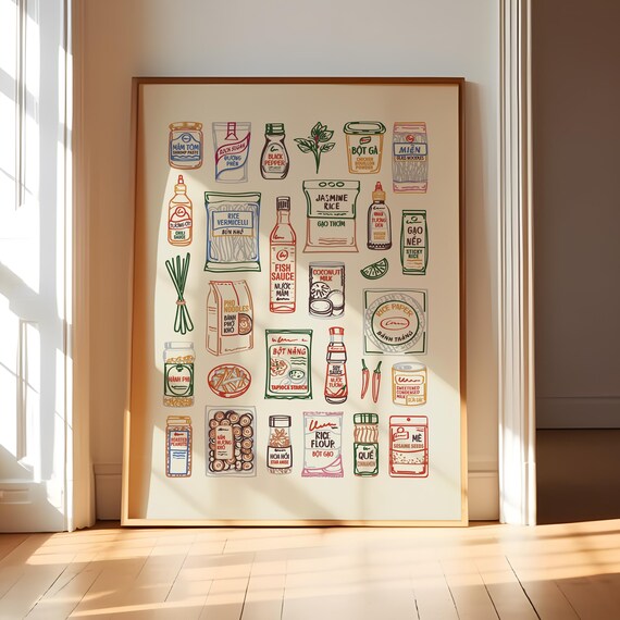 Vietnamese Pantry Wall Art Framed Kitchen Print Asian Food Illustration Vietnam Decor Pho Lover Gift