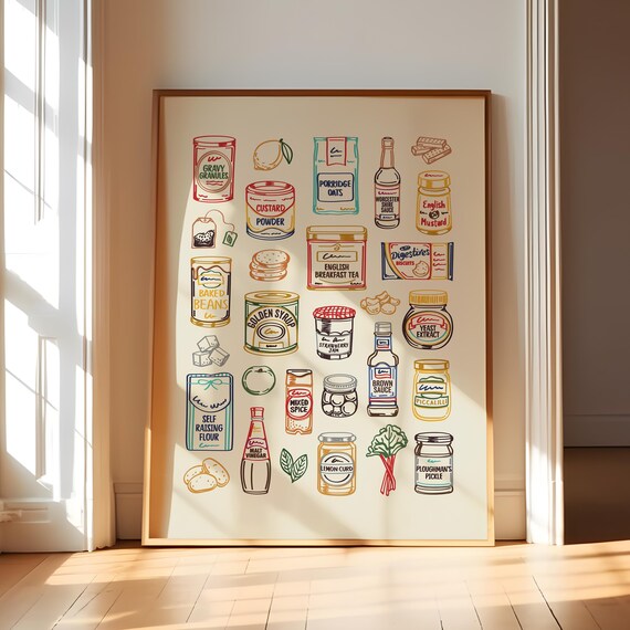 Uk Pantry Print British Kitchen Wall Art English Food Poster Tea Biscuit Decor Whimsical