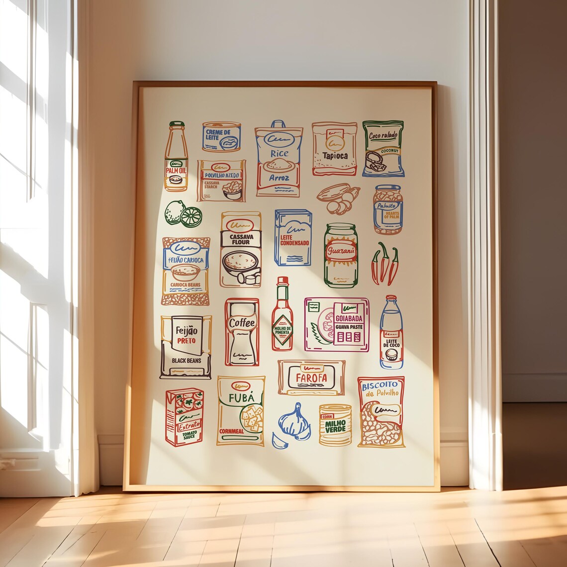 Brazilian Pantry Ingredients Chart Feijao Farofa Illustrated Portuguese Kitchen Print