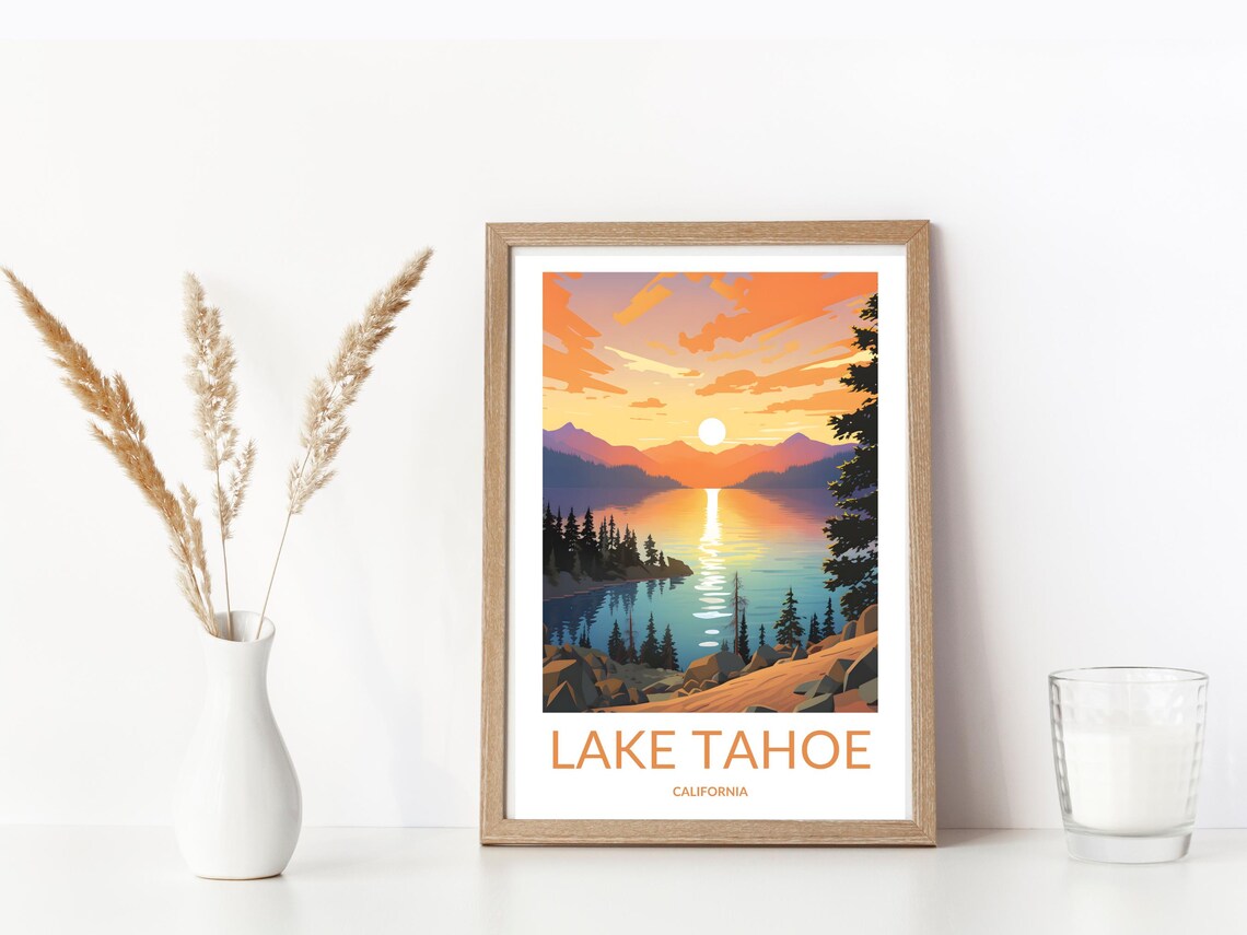Lake Tahoe Sunset Mountain Lake Pine Trees California Travel Poster - Image 3