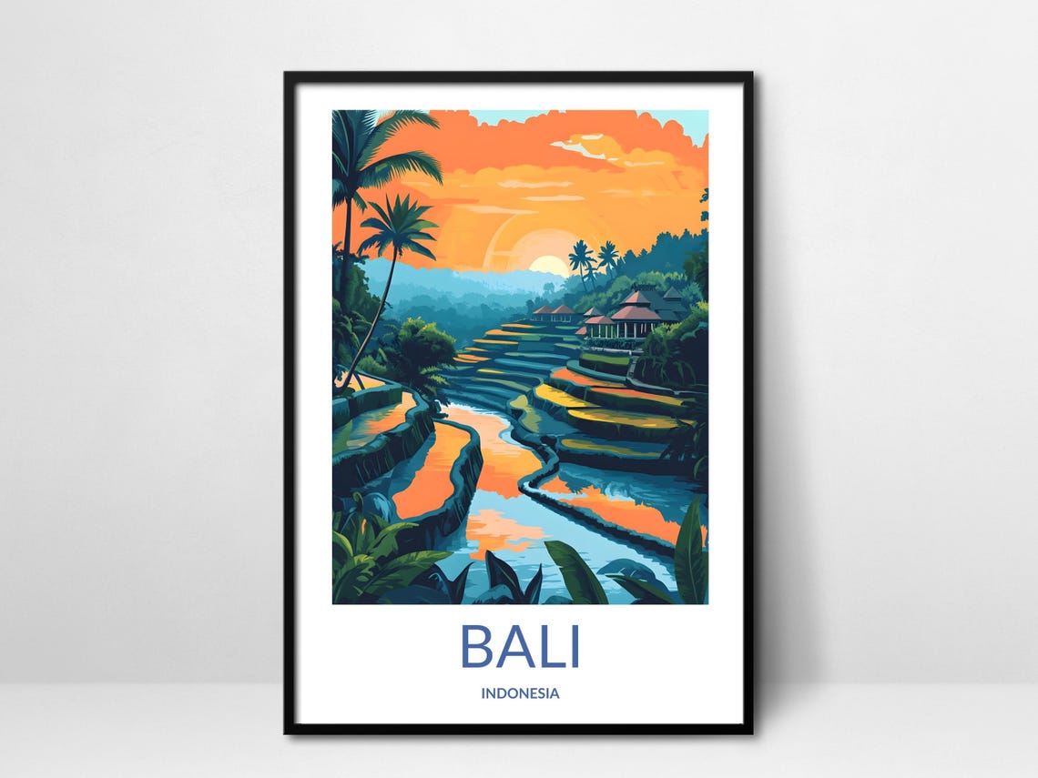 Bali Indonesia Rice Terraces Sunset Palm Trees Tropical Poster
