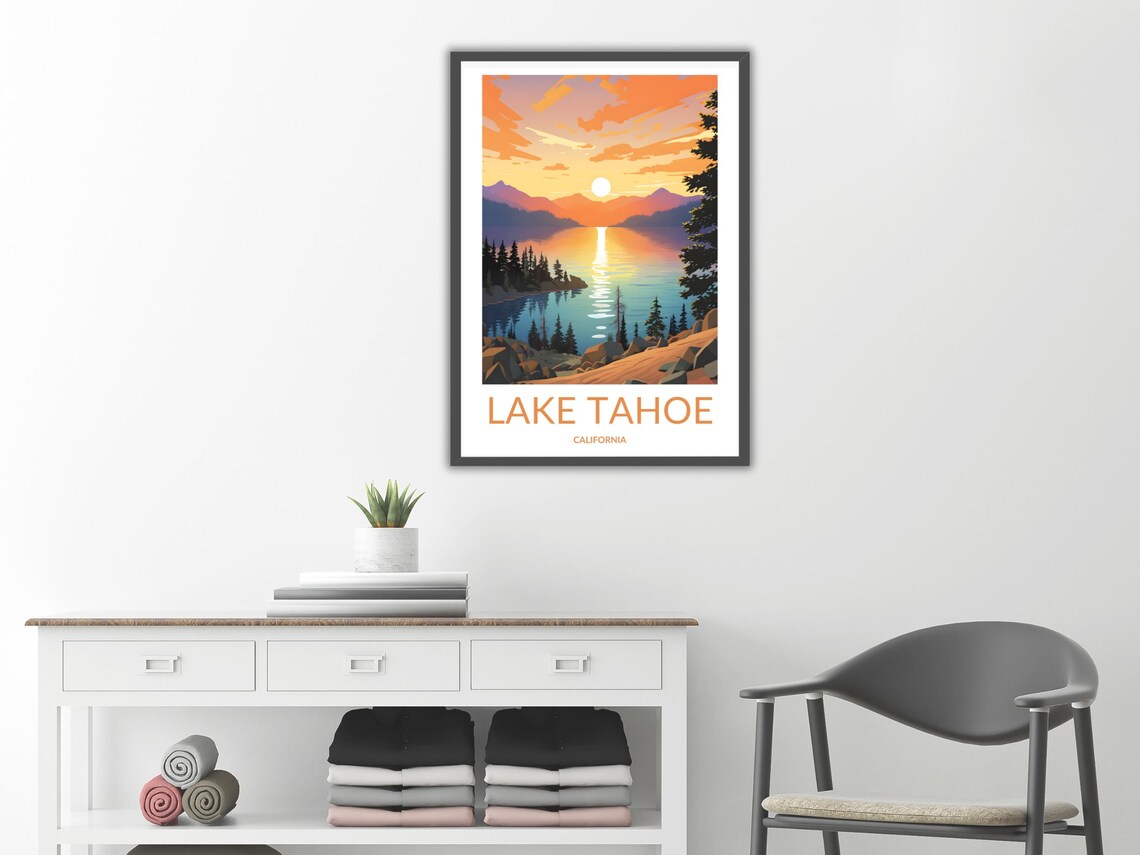 Lake Tahoe Sunset Mountain Lake Pine Trees California Travel Poster - Image 2