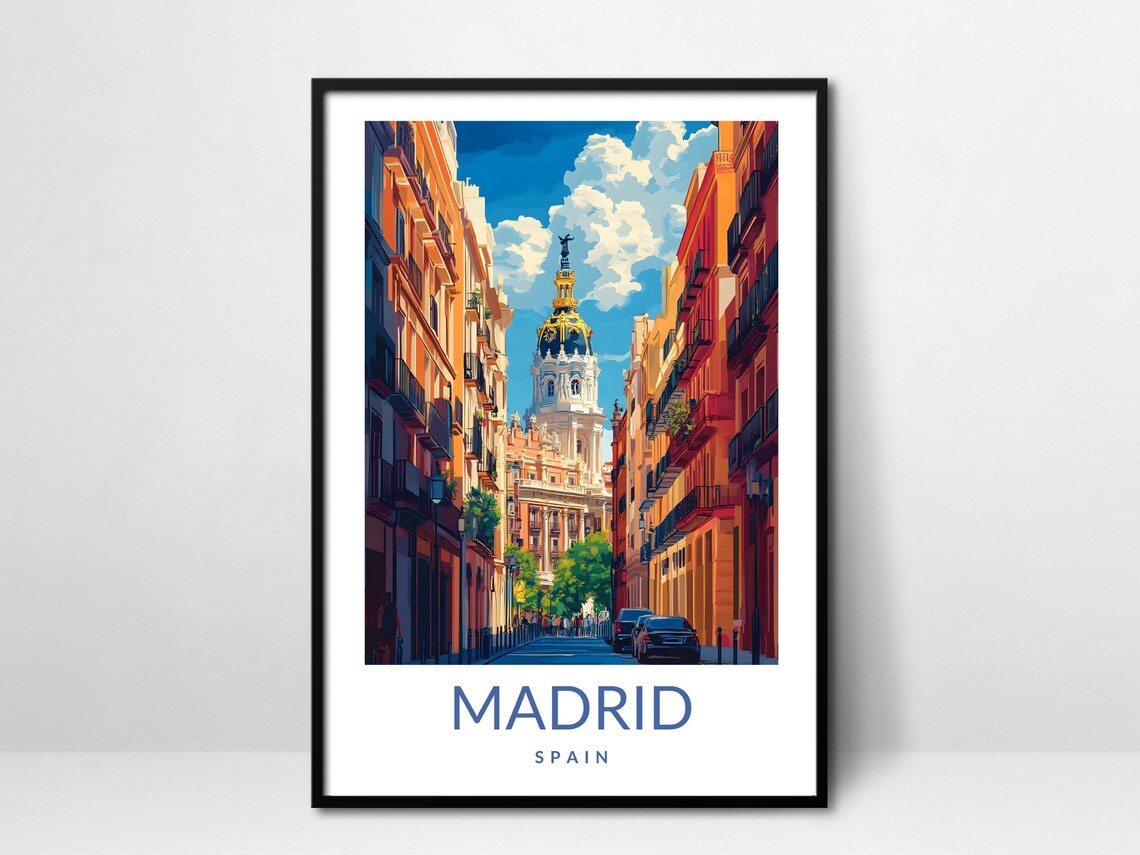 Madrid Spain Sunlit Street Grand Dome Vintage Travel Poster Scene