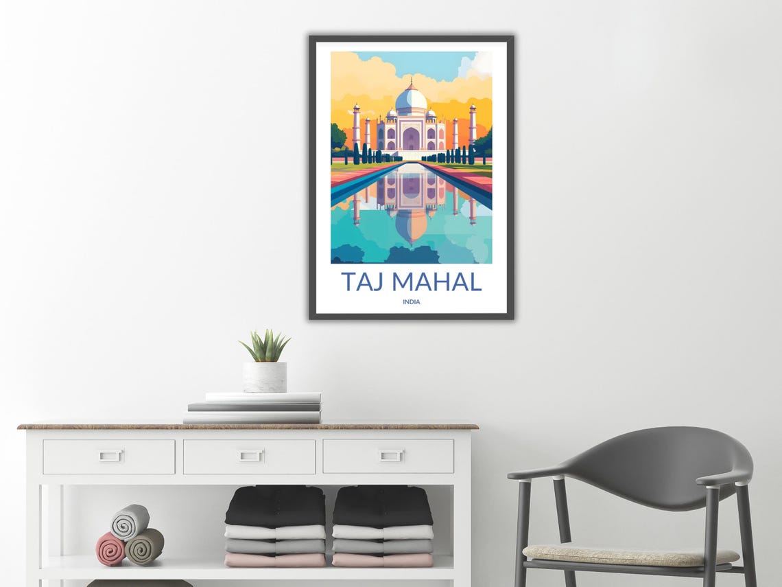 Taj Mahal India Mirrored Reflection Sunset Vintage Travel Poster - Image 2