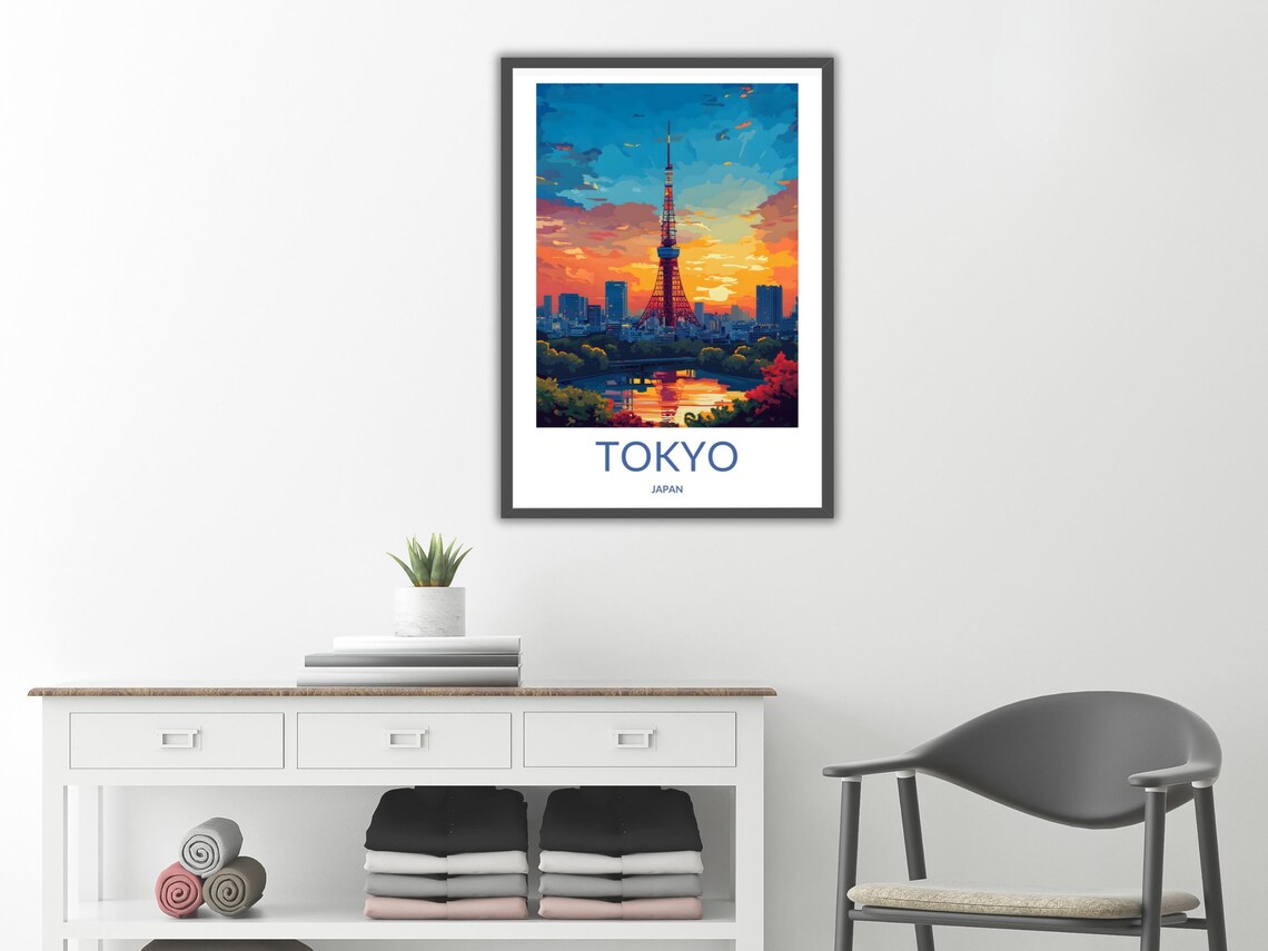Tokyo Tower Japan Sunset Skyline Autumn Leaves Vintage Travel Poster - Image 2