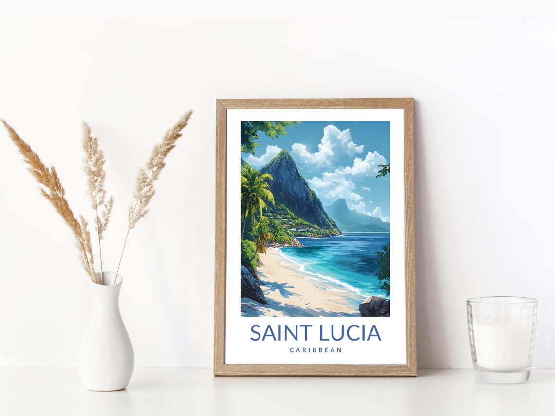 Saint Lucia Caribbean Beach And Pitons Art Print Tropical Travel Poster Saint Lucia Gift For Beach Lovers - Image 3