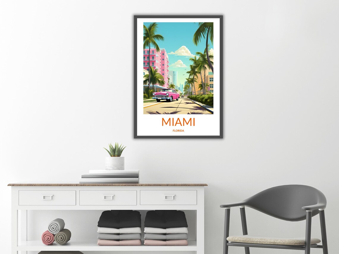 Miami Florida Pink Vintage Car Palm Street Art Deco Travel Poster - Image 2