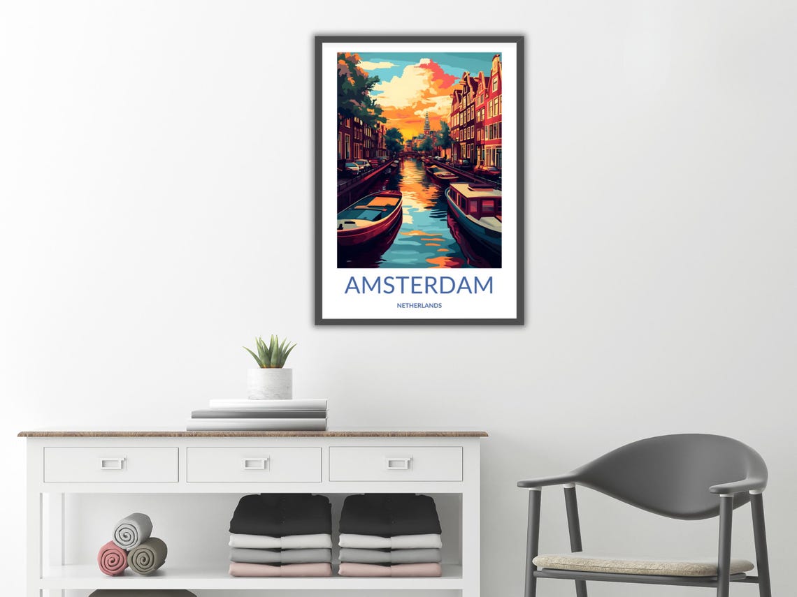 Amsterdam Canal Sunset Boats Golden Water Netherlands Travel Poster - Image 2