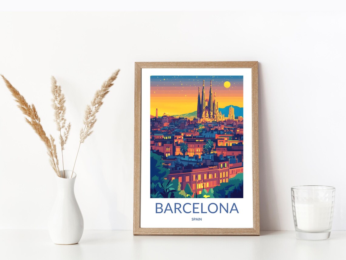 Barcelona Spain Sagrada Familia City Night Skyline Travel Poster - Image 3