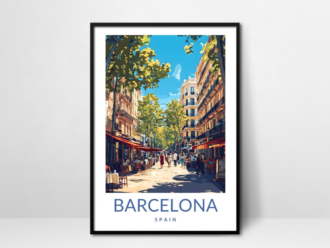 Barcelona Spain La Rambla Poster Tree Lined Cafe Street Vintage Travel