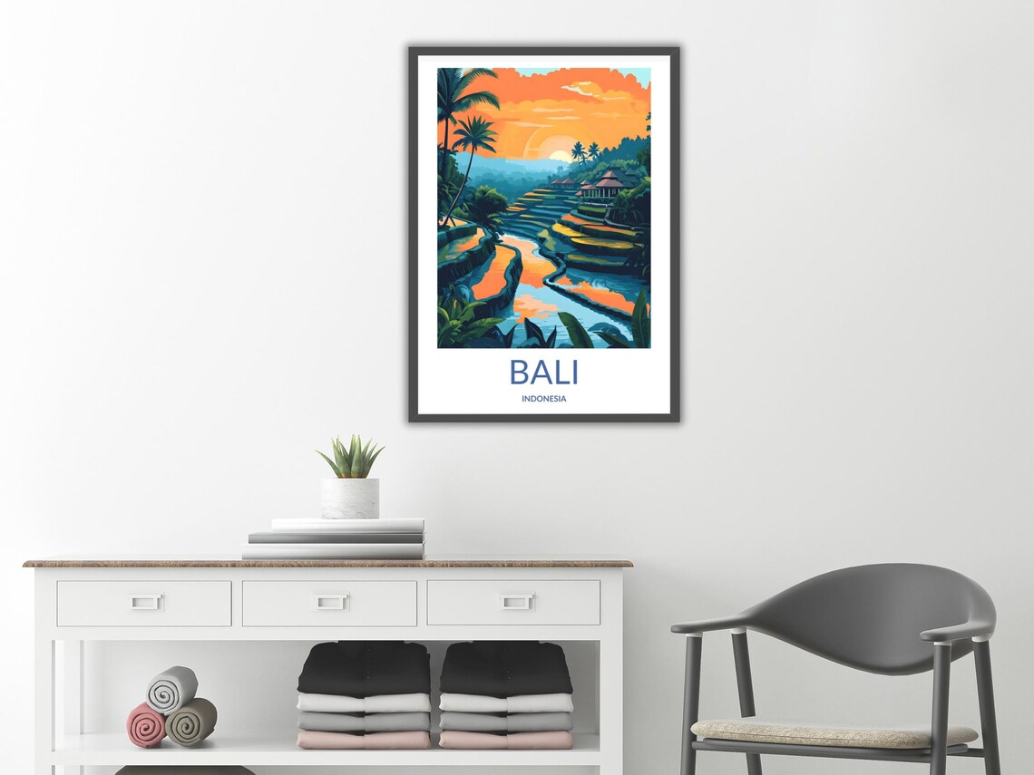 Bali Indonesia Rice Terraces Sunset Palm Trees Tropical Poster - Image 2