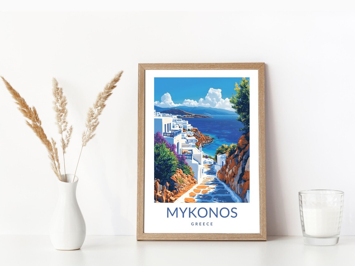 Mykonos Greece Cobblestone Lane Vintage Travel Poster Blue Sea View - Image 3