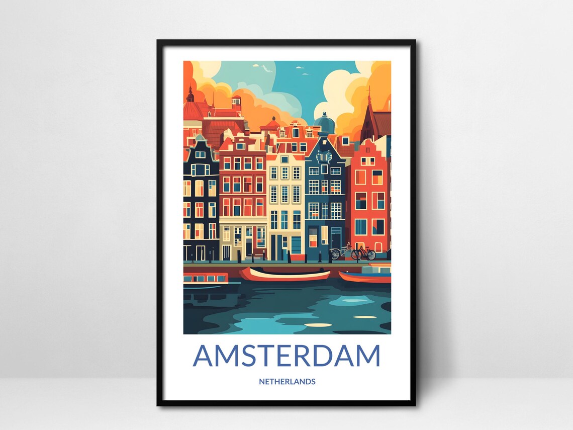 Amsterdam Canal Houses Waterfront Boats Dutch Architecture Poster