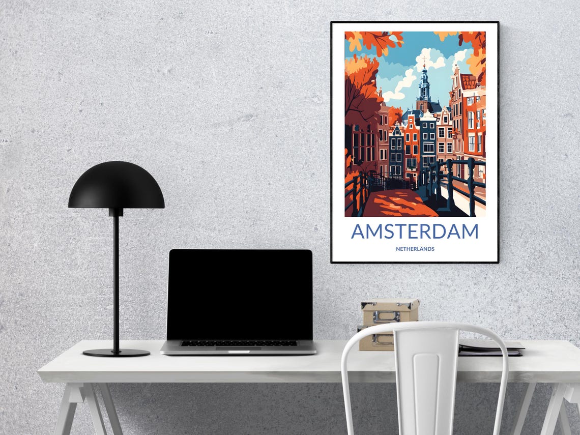 Amsterdam Autumn Bridge Red Trees Church Tower Fall Colors Poster - Image 2