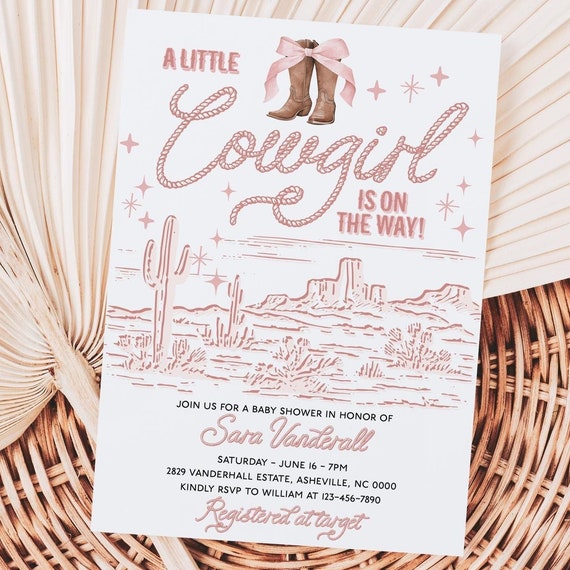 Cowgirl Baby Shower Invitation Template Little Cowgirl Baby Shower Invitation Pink Coquette Bow Pink Cowgirl Boots Rodeo Western Pcw