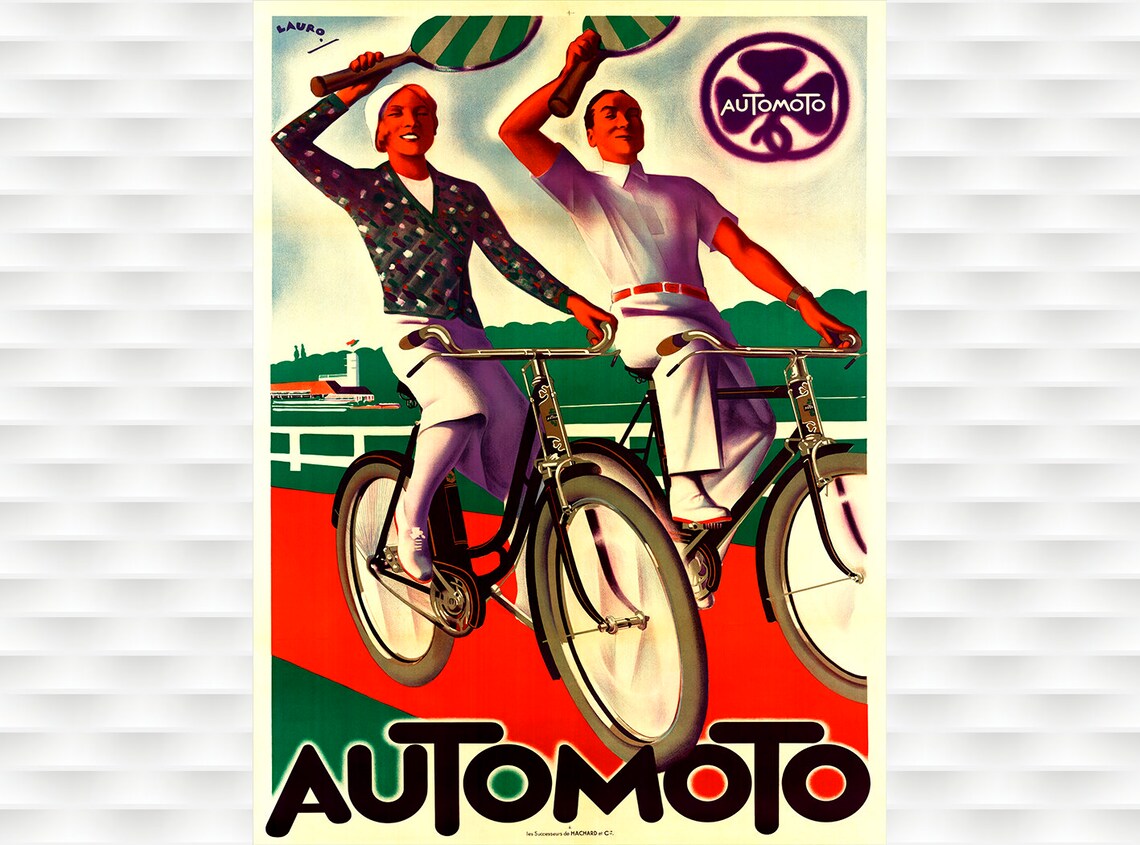 Automoto Tennis Cyclists Art Deco Vintage French Bicycle Poster