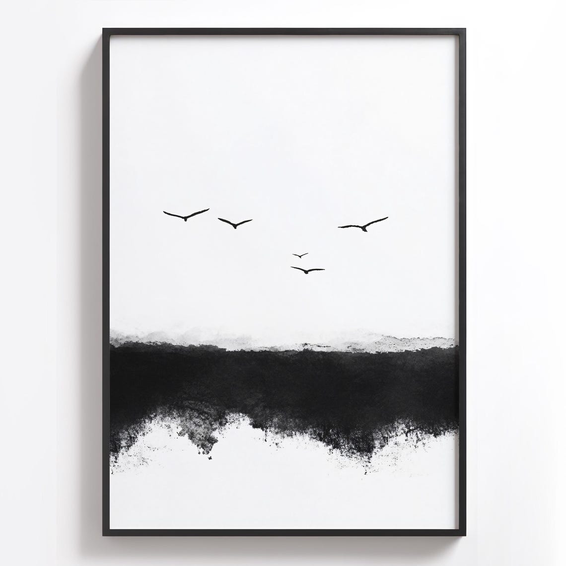 Minimalist Black Birds Flying Over a Dark Ink Shoreline Print