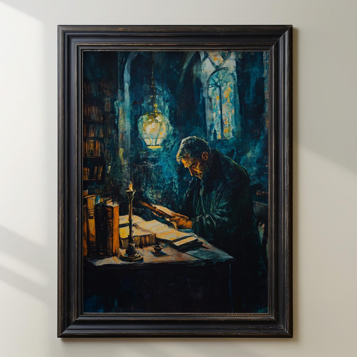 Old Scholar Reading by Candlelight in a Cathedral Library Poster - Image 3