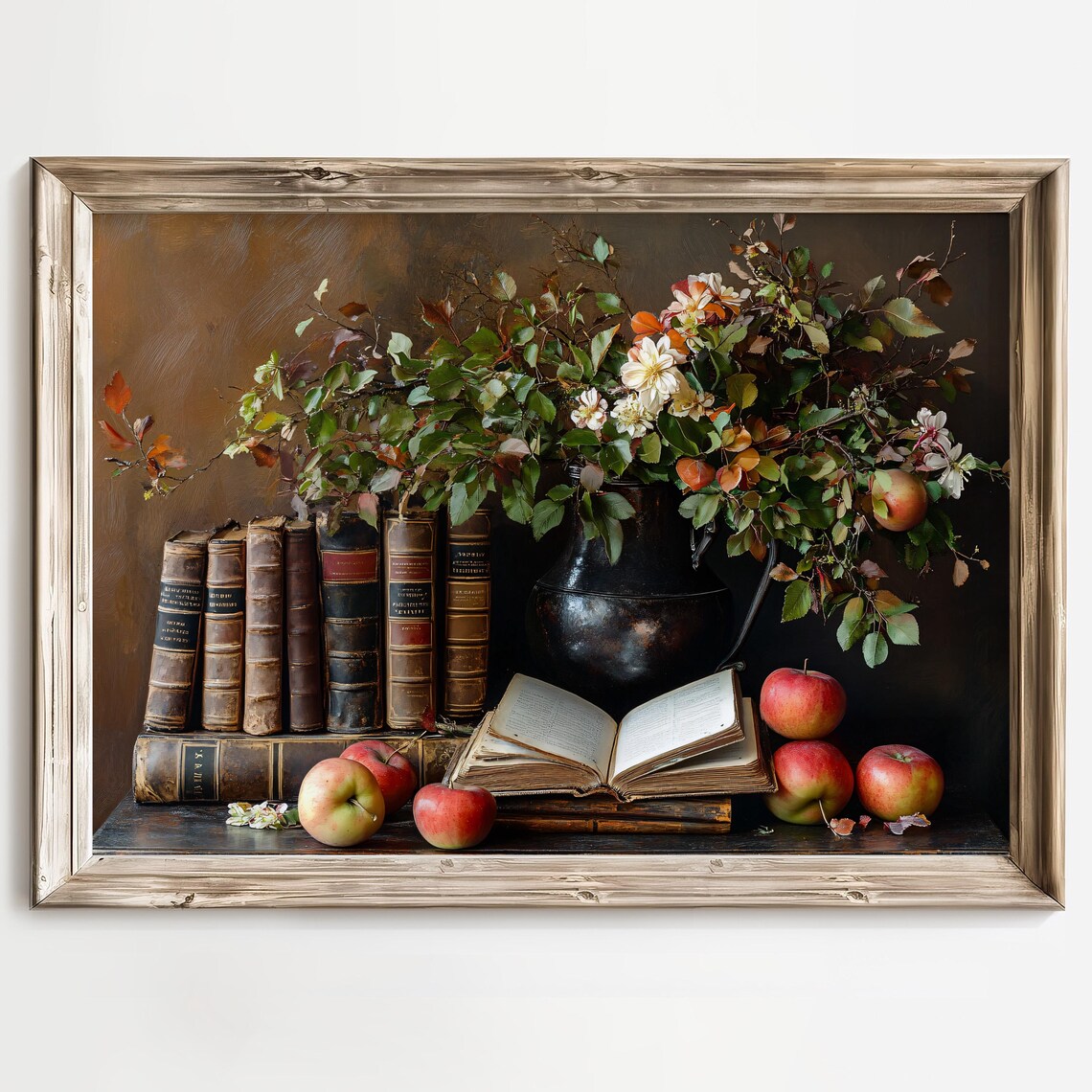 Vintage Books Apples and Flowers Still Life Painting Art Poster - Image 3