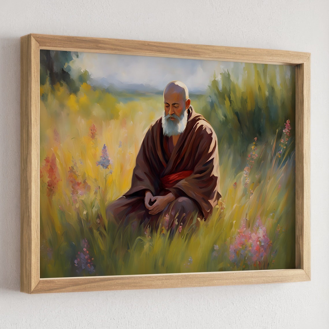 Elderly Monk Meditating in a Sunlit Wildflower Meadow Poster