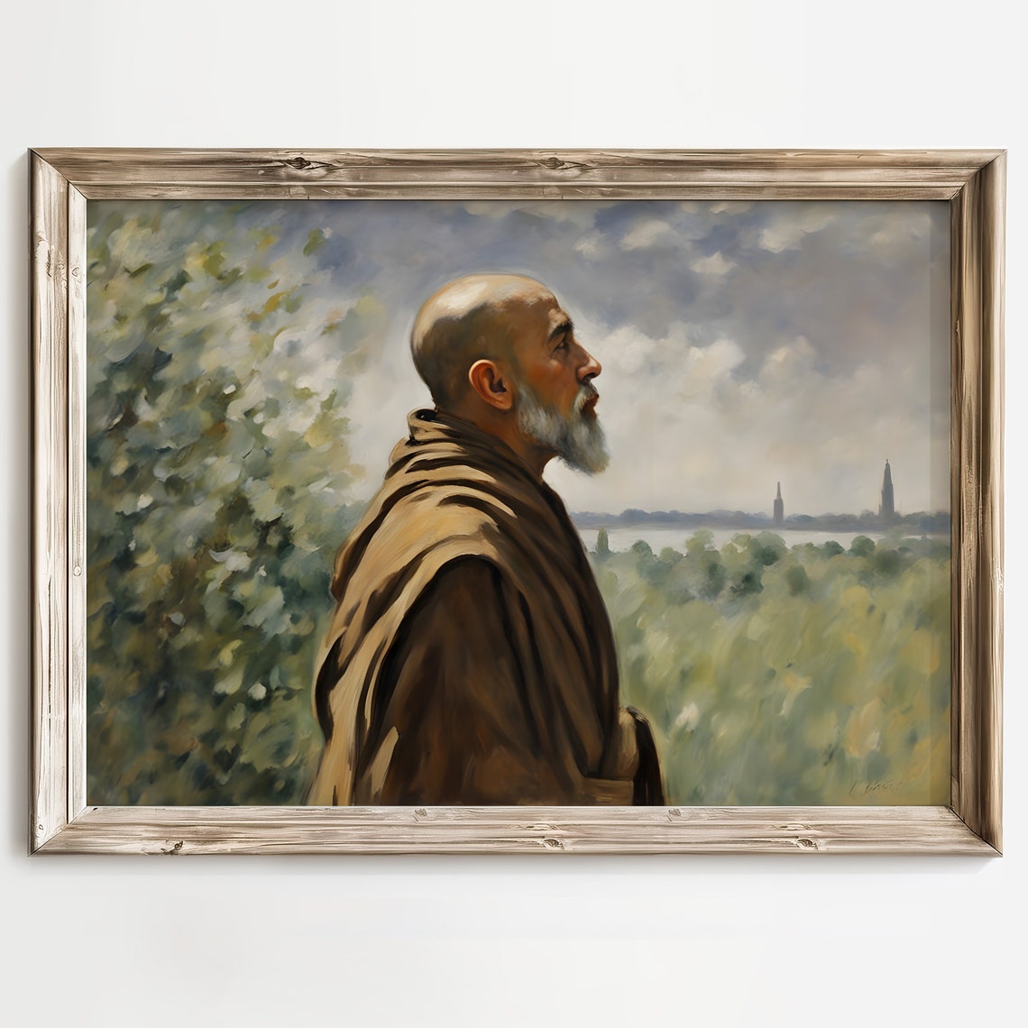 Elderly Monk in Profile Gazing Over a Green Meadow Landscape Poster