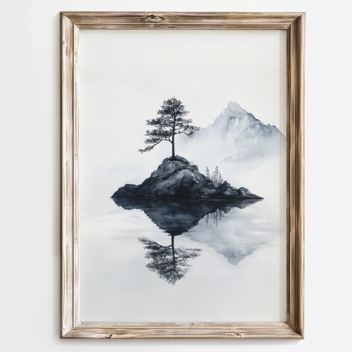 Lone Pine Tree on a Rocky Island Watercolor Reflection Poster - Image 3