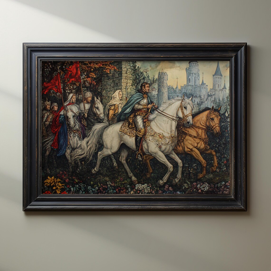 Medieval Knight Procession Vintage Art Print Scene