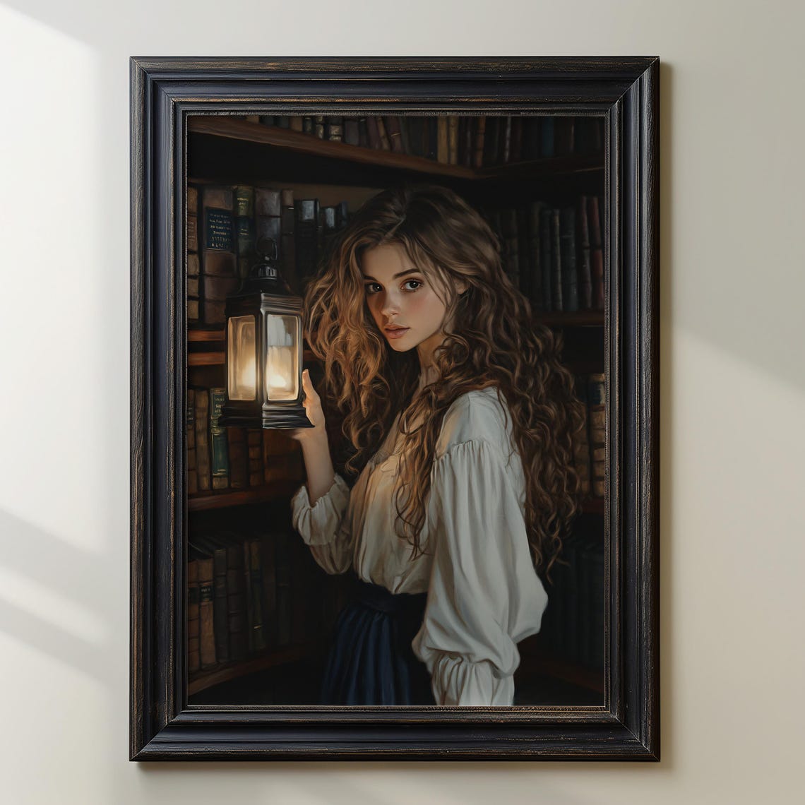 Young Woman Holding a Glowing Lantern in a Candlelit Library Poster - Image 2