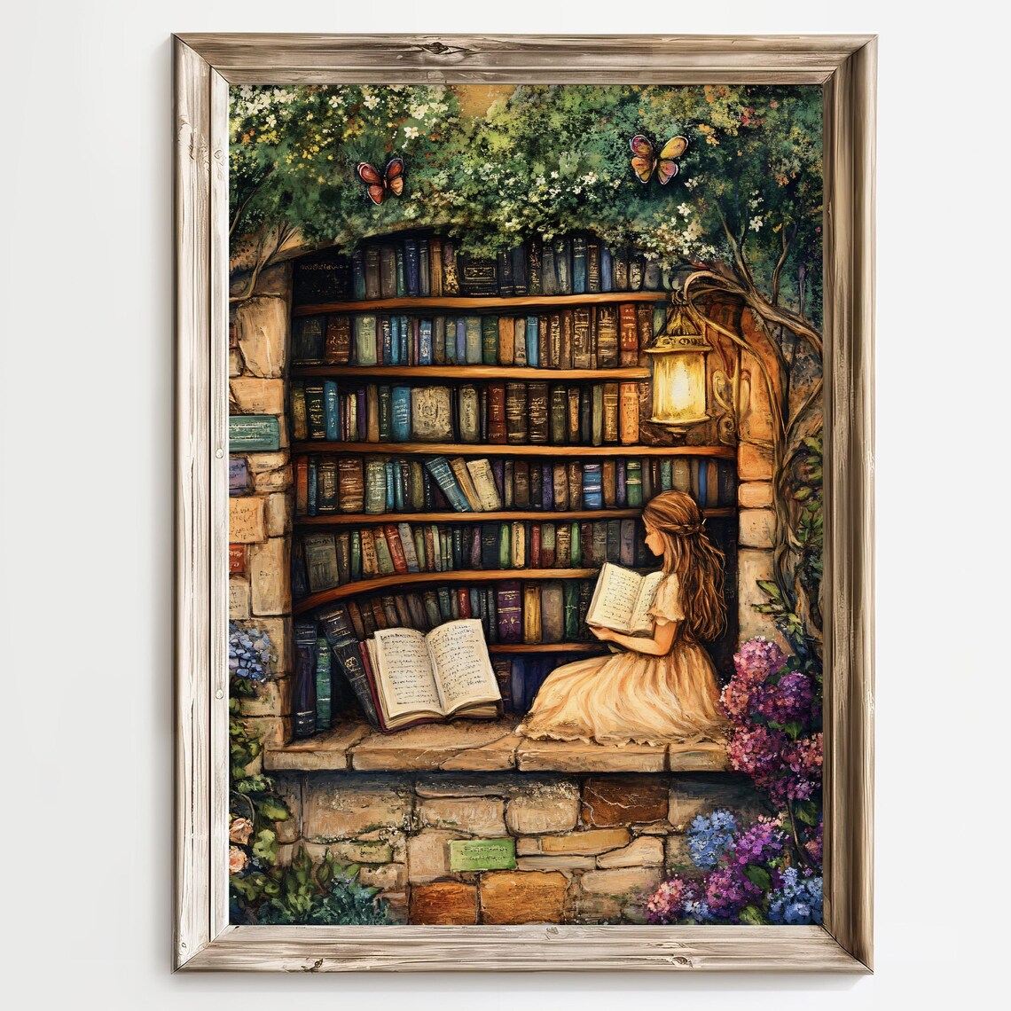 Little Girl Reading in a Hidden Stone Library Alcove Wall Art - Image 3