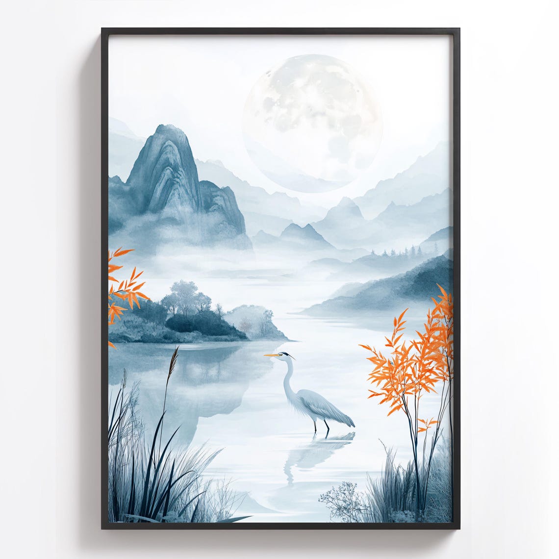 White Heron Standing by a Moonlit Lake with Orange Bamboo Poster - Image 4