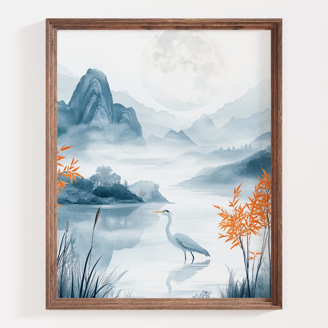 White Heron Standing by a Moonlit Lake with Orange Bamboo Poster - Image 2
