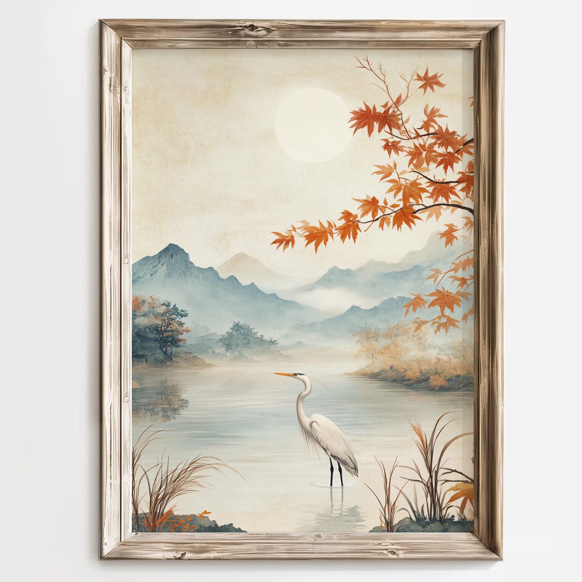 White Egret Standing in an Autumn Lake with Maple Leaves Poster - Image 4