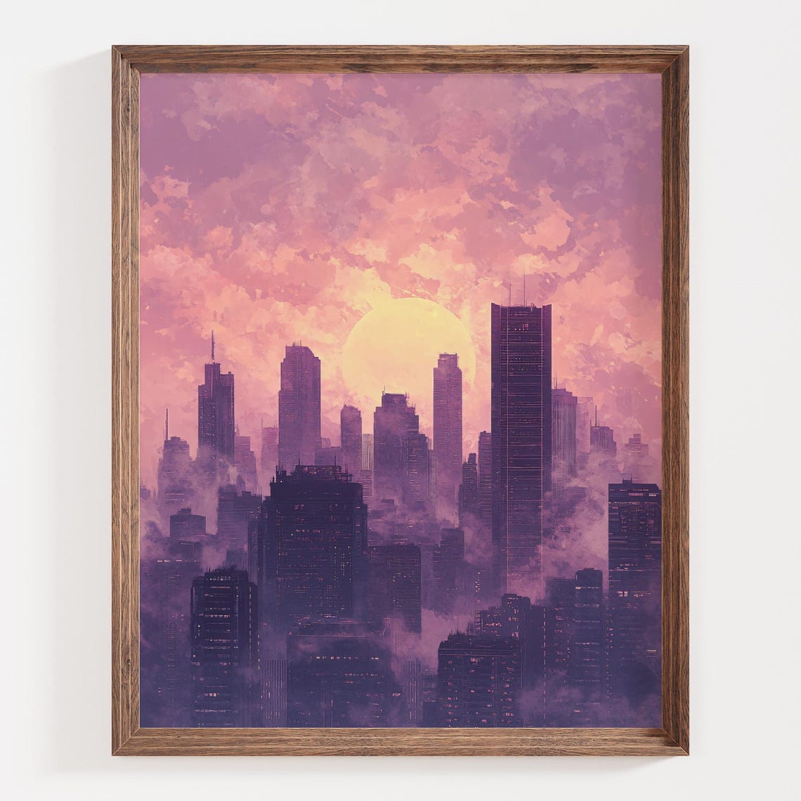 Purple Sunset City Skyline with Misty Skyscrapers Dramatic Poster - Image 3